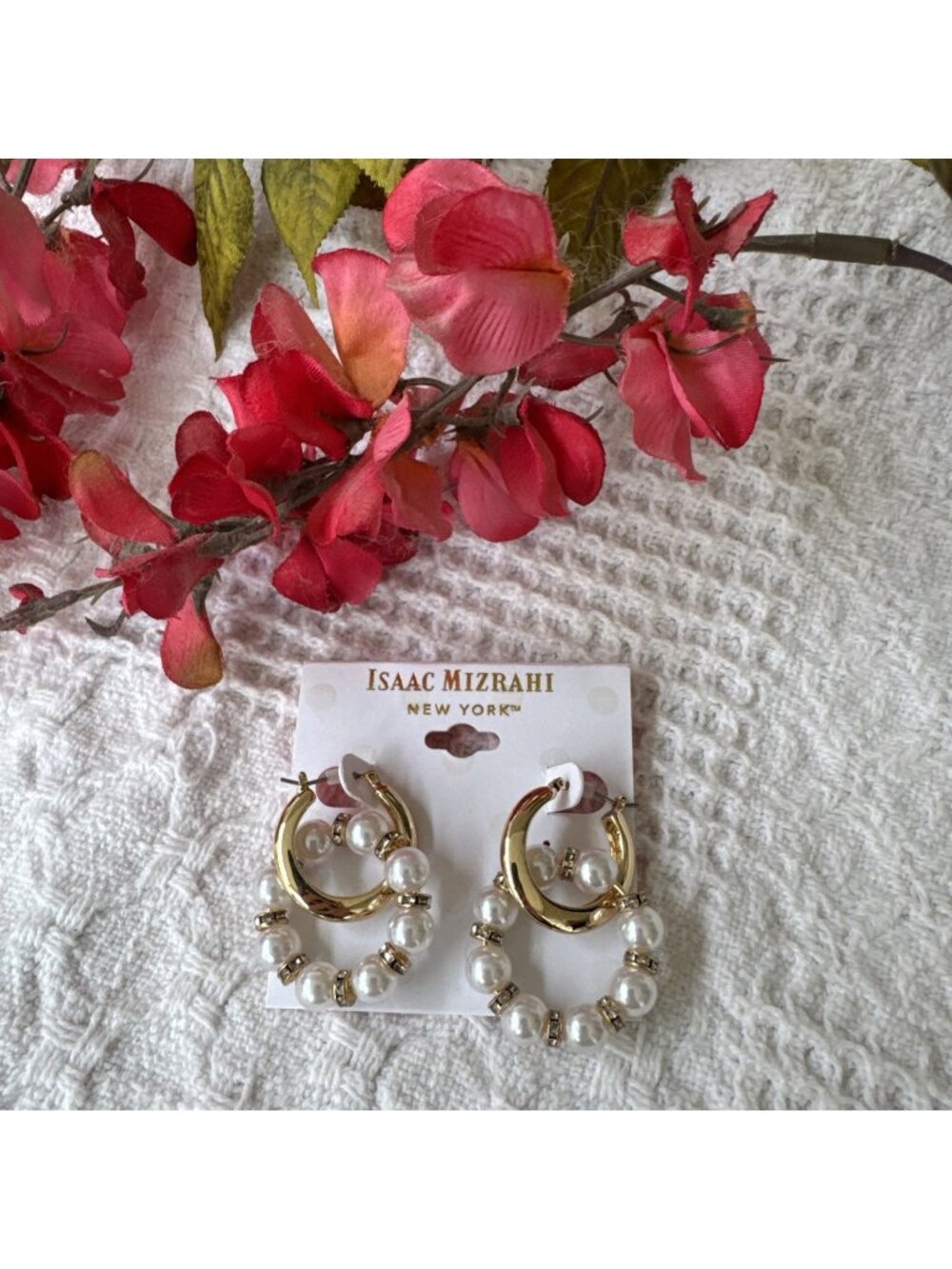 Isaac Mizrahi Shiny Gold Pearl Double Hoop Dangle Earrings 2" MSRP $38 NEW